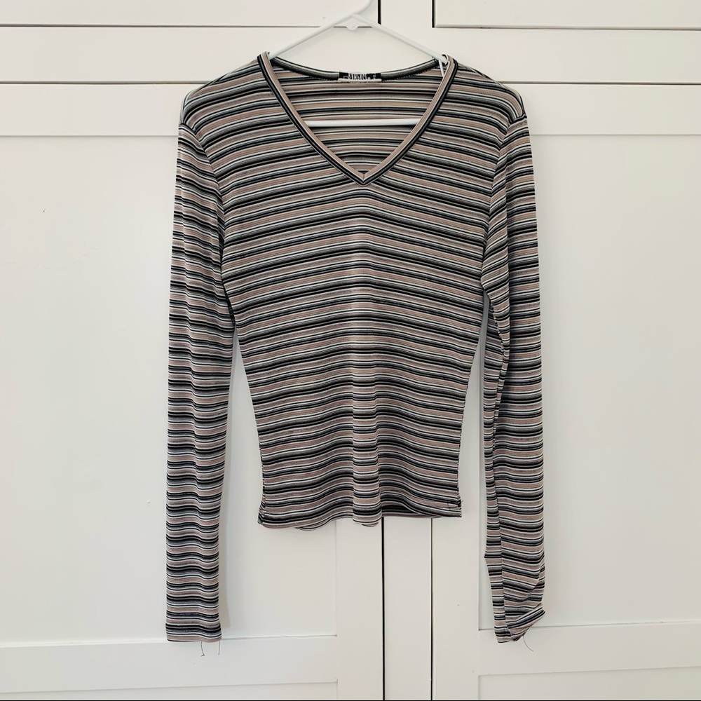Rampage Beige/Black Grunge Stripe Long Sleeve Top Size Medium